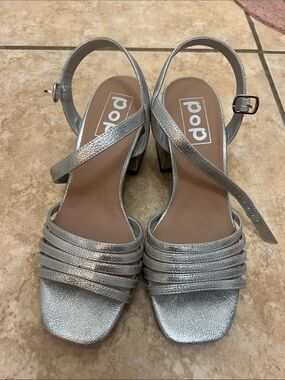 pop Metallic Silver Strappy Block Heel Sandals